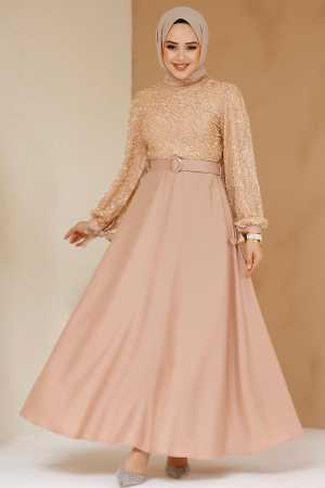 Modest Salmon Pink Satin Evening Gown 6176SMN - 1