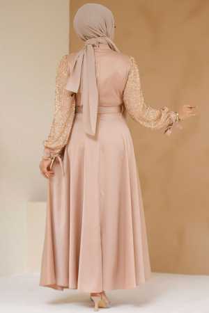 Modest Salmon Pink Satin Evening Gown 6176SMN - 4