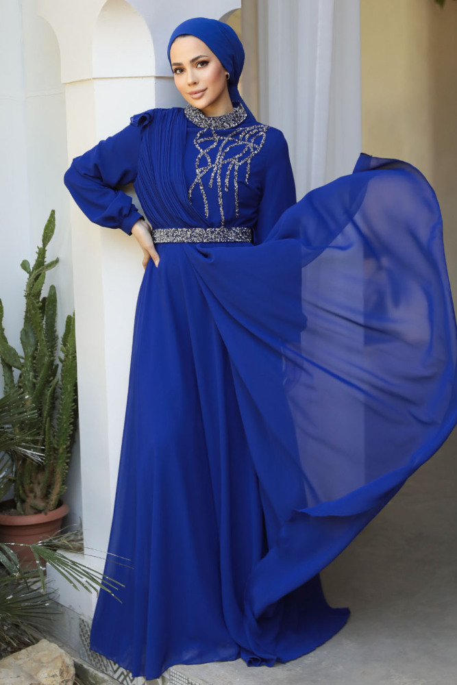Modest Sax Blue Bridesmaid Dress 25885SX - 3