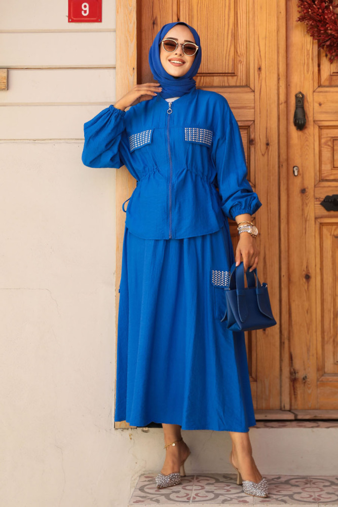 Modest Sax Blue Dual Skirt Suit 14225SX - 2