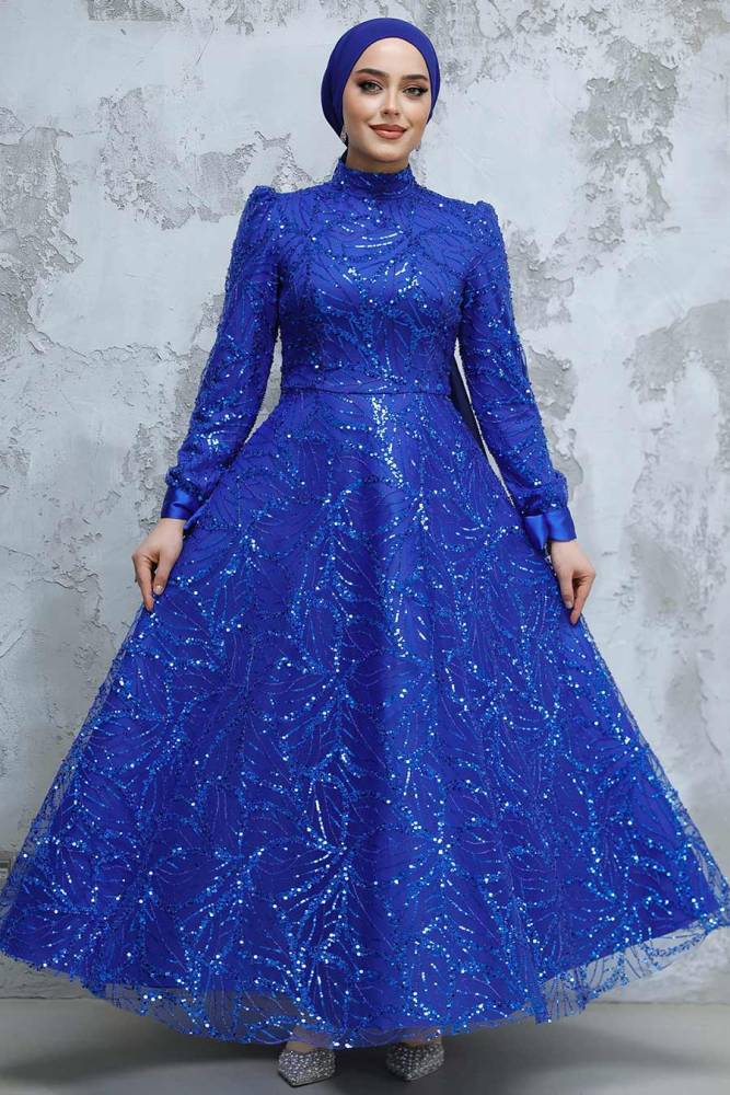 Modest Sax Blue Elegant Evening Gown 4908SX - 1