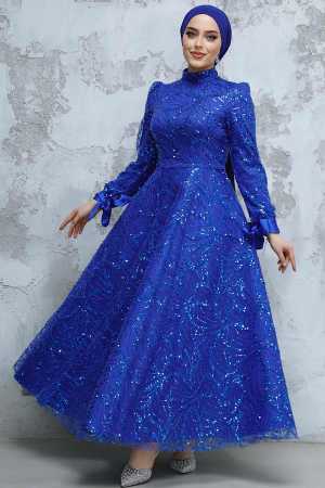 Modest Sax Blue Elegant Evening Gown 4908SX - 4