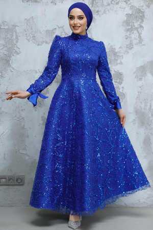 Modest Sax Blue Elegant Evening Gown 4908SX - 2