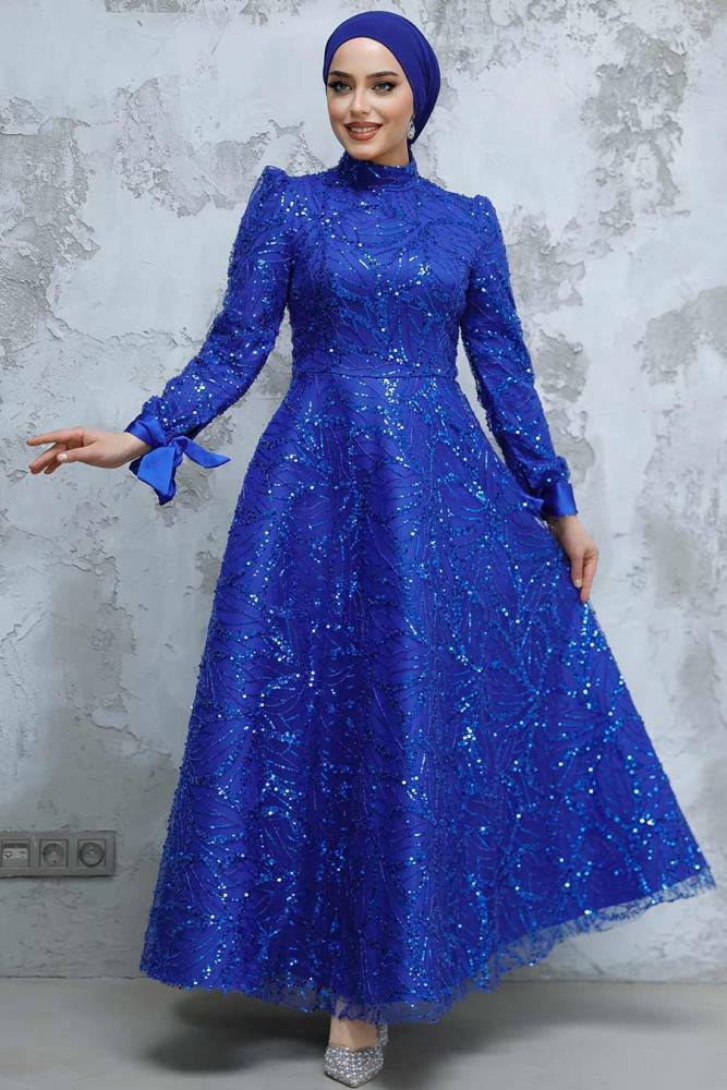 Modest Sax Blue Elegant Evening Gown 4908SX - 2