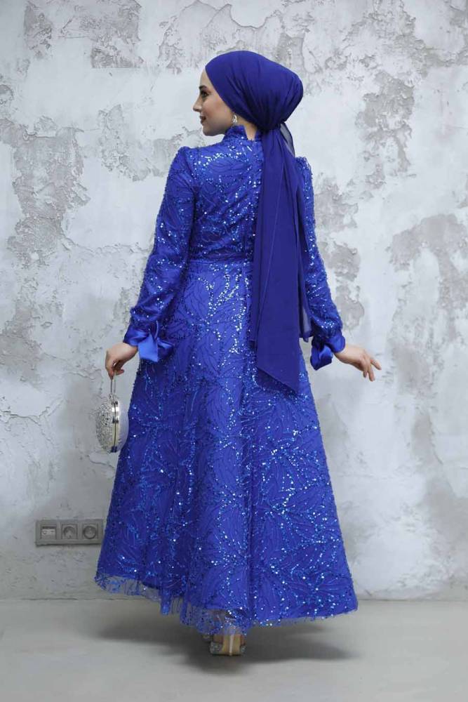 Modest Sax Blue Elegant Evening Gown 4908SX - 5