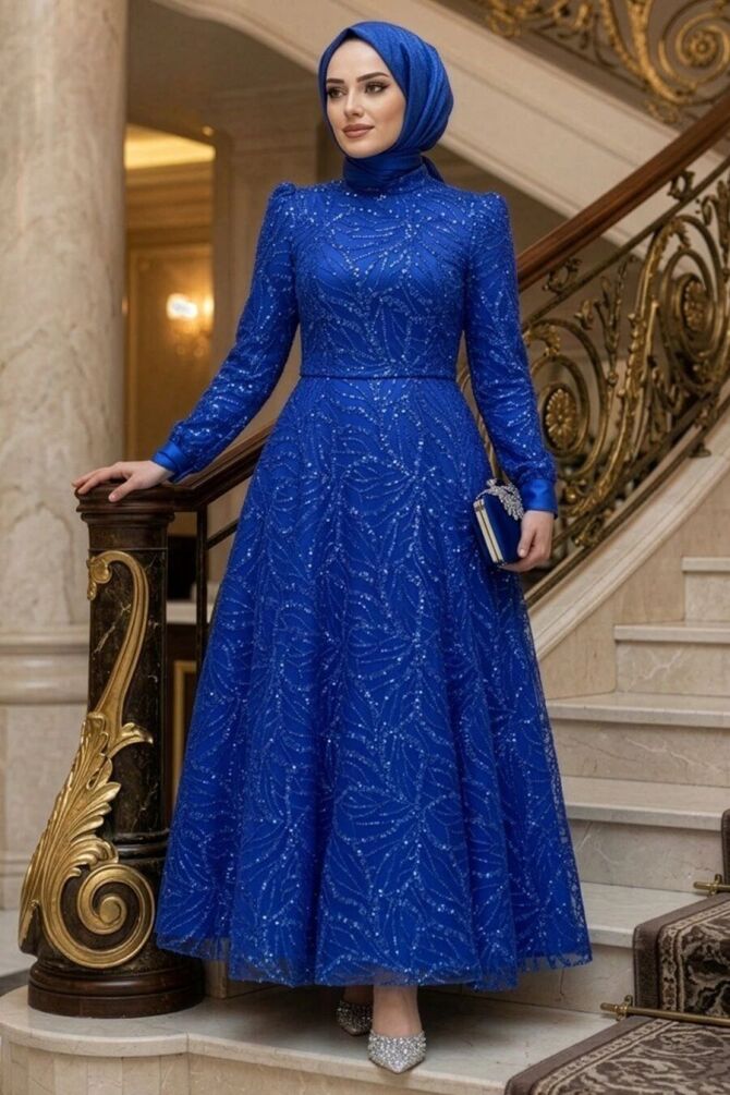 Modest Sax Blue Elegant Evening Gown 4908SX - 1