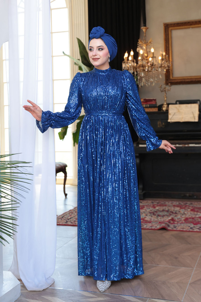Modest Sax Blue Evening Gown With Long Sleeve 44961SX - 2