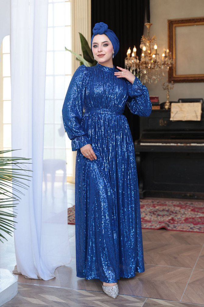 Modest Sax Blue Evening Gown With Long Sleeve 44961SX - 3
