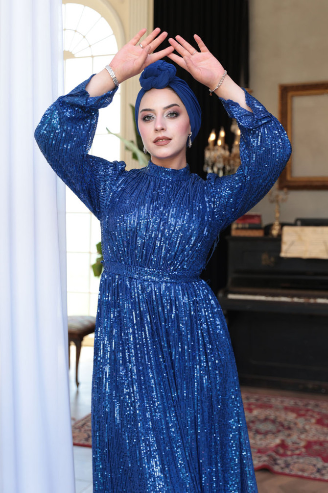 Modest Sax Blue Evening Gown With Long Sleeve 44961SX - 4
