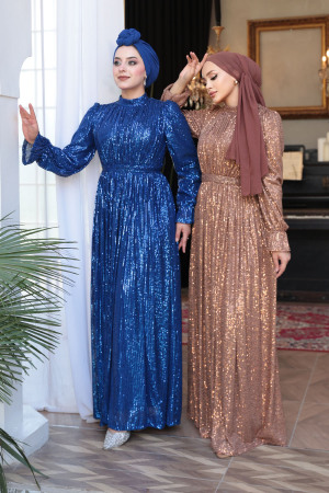 Modest Sax Blue Evening Gown With Long Sleeve 44961SX - 5