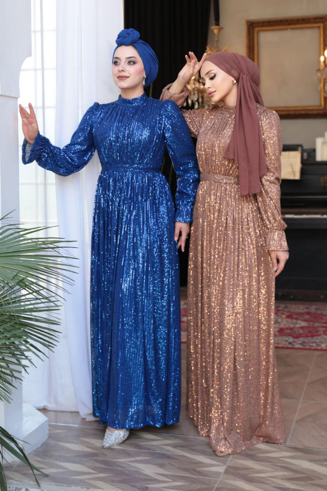 Modest Sax Blue Evening Gown With Long Sleeve 44961SX - 5