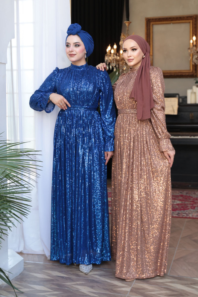 Modest Sax Blue Evening Gown With Long Sleeve 44961SX - 6