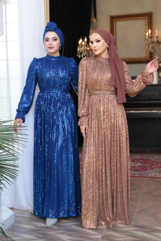 Modest Sax Blue Evening Gown With Long Sleeve 44961SX - 7