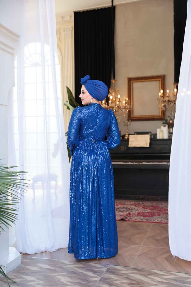 Modest Sax Blue Evening Gown With Long Sleeve 44961SX - 8