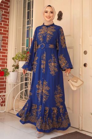 Modest Sax Blue Floral Long Dress 19481SX 