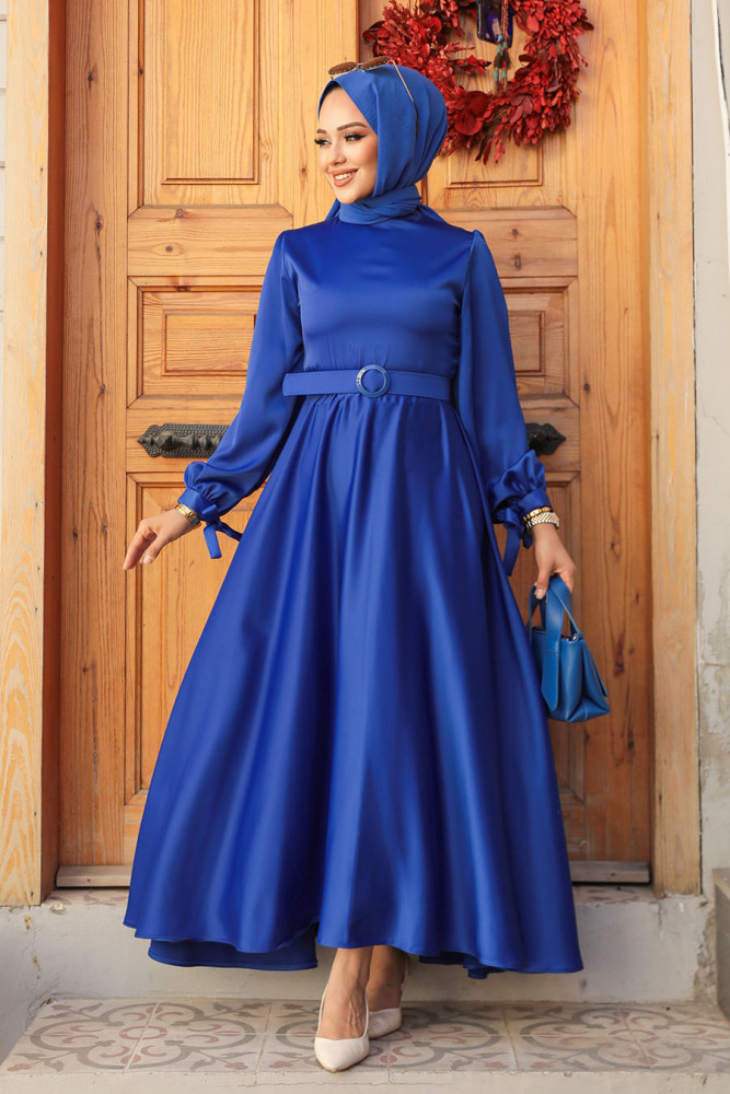 Modest Sax Blue Long Satin Dress 61231SX - 1