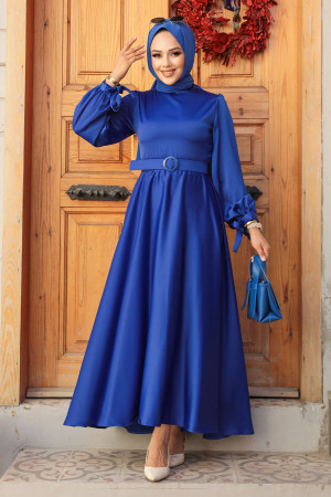 Modest Sax Blue Long Satin Dress 61231SX - 2