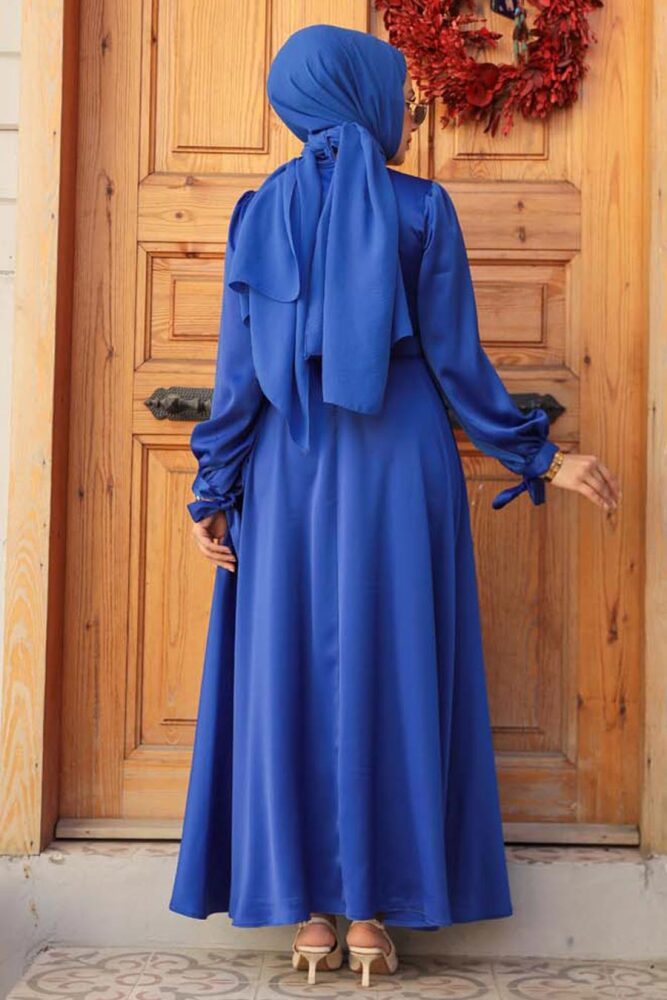 Modest Sax Blue Long Satin Dress 61231SX - 3