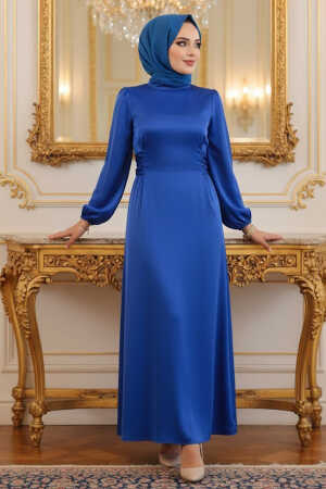 Modest Sax Blue Satin Prom Dress 5948SX - 1