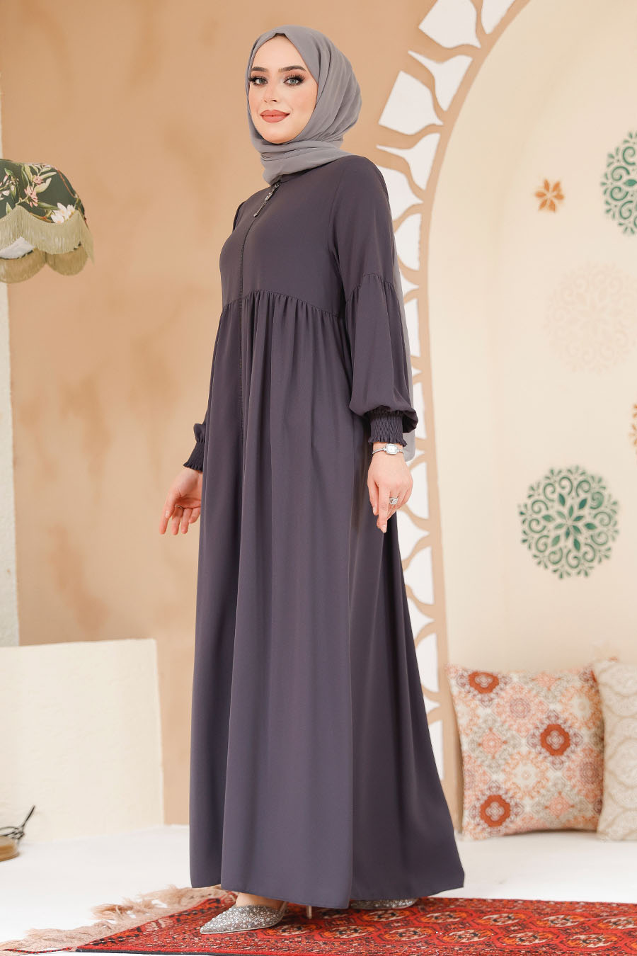Modest Smoke Color Abaya 45286FU - 4