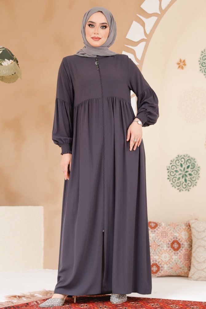 Modest Smoke Color Abaya 45286FU - 2