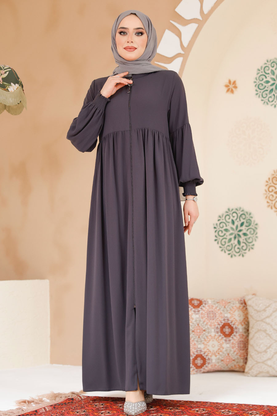 Modest Smoke Color Abaya 45286FU - 3