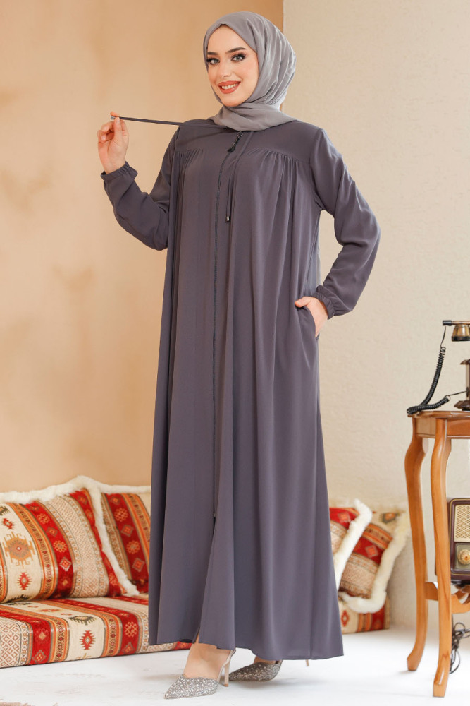 Modest Smoke Color Abaya 45290FU - 3