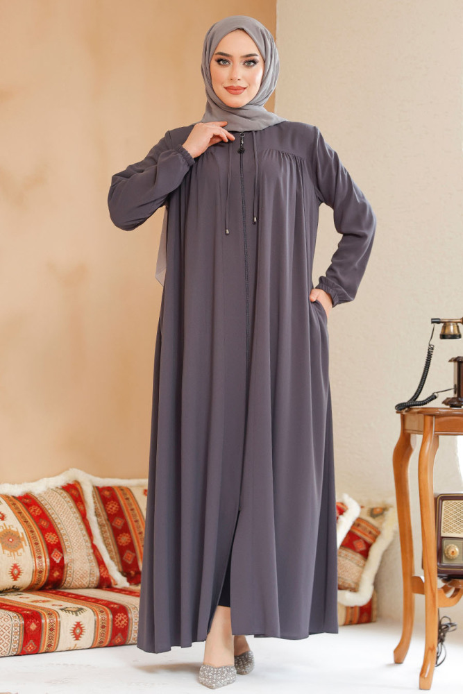 Modest Smoke Color Abaya 45290FU - 2