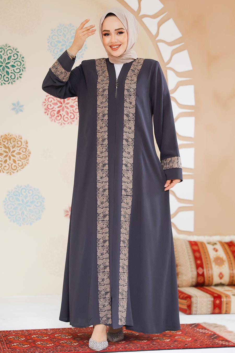 Modest Smoke Color Dubai Abaya 29112FU - 2