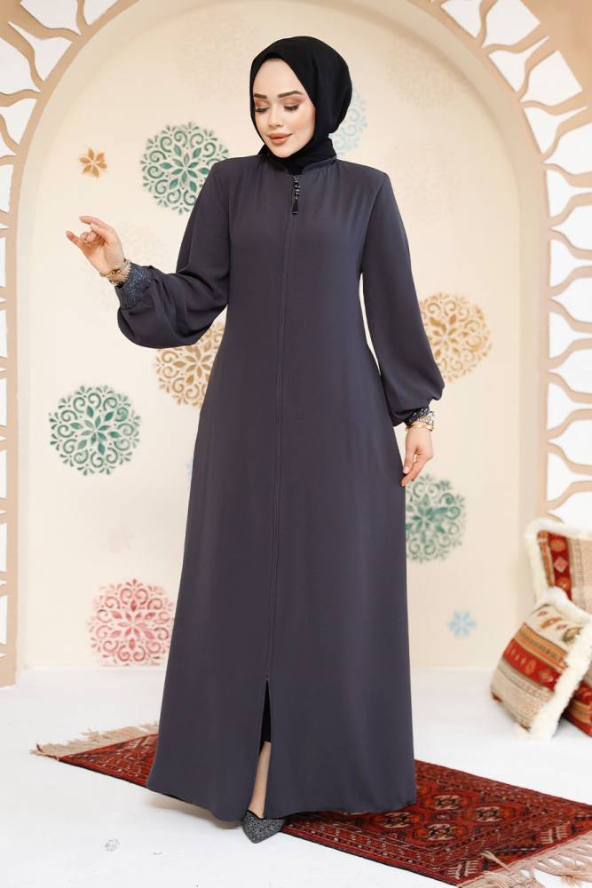 Modest Smoke Color Plus Size Abaya 35168FU - 1