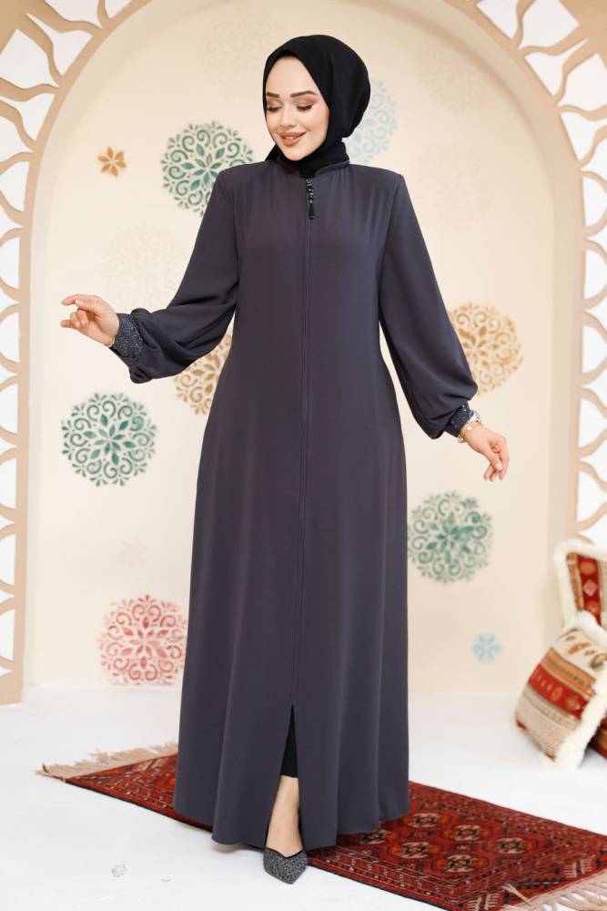 Modest Smoke Color Plus Size Abaya 35168FU - 2