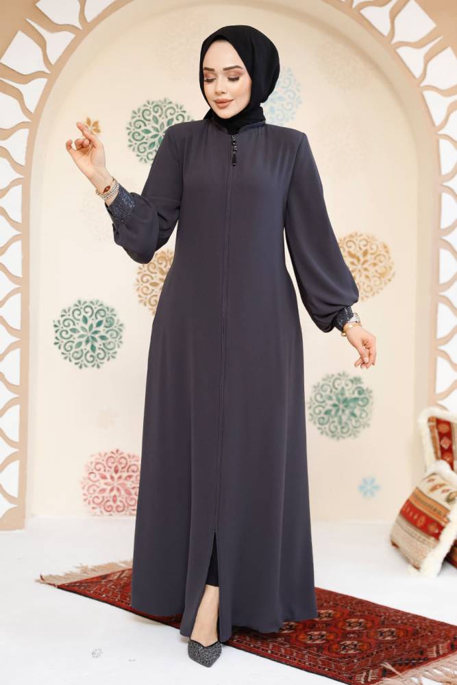 Modest Smoke Color Plus Size Abaya 35168FU - 3