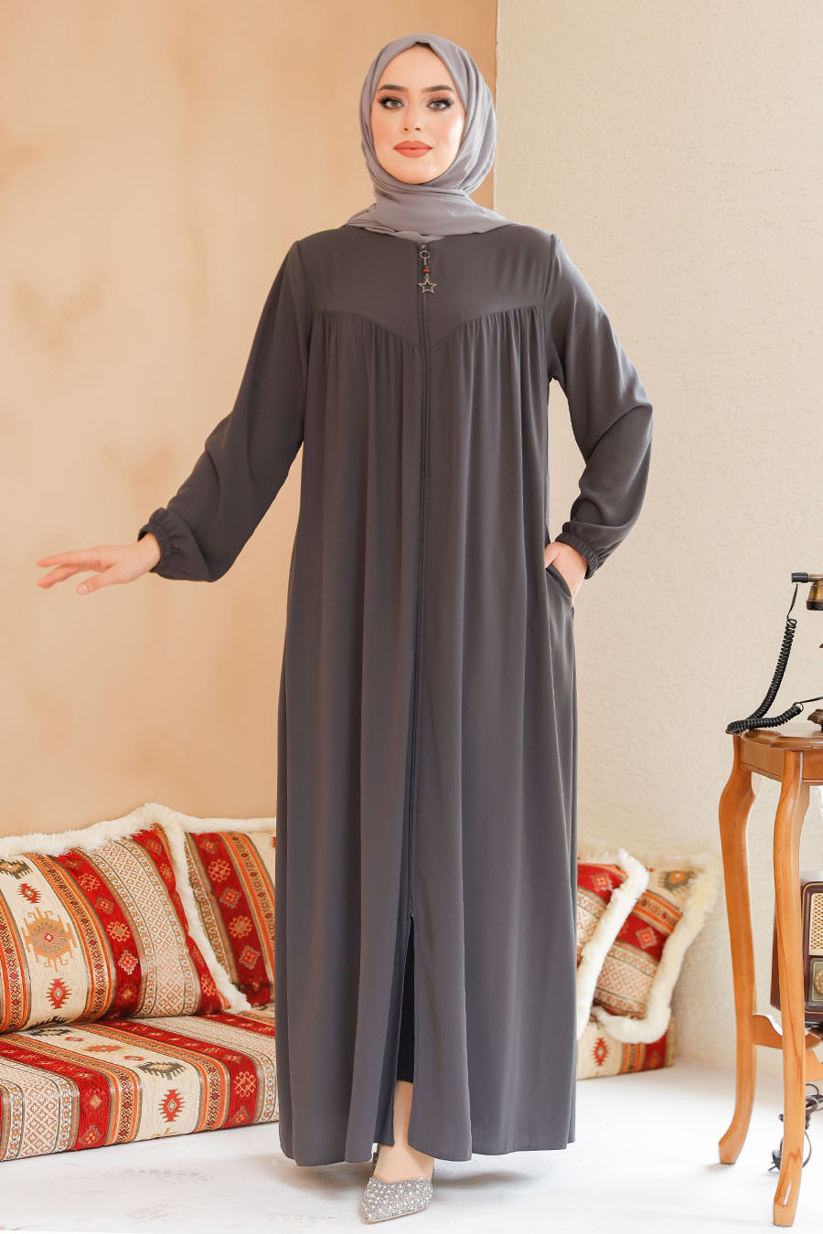 Modest Smoke Color Plus Size Abaya 45285FU - 3
