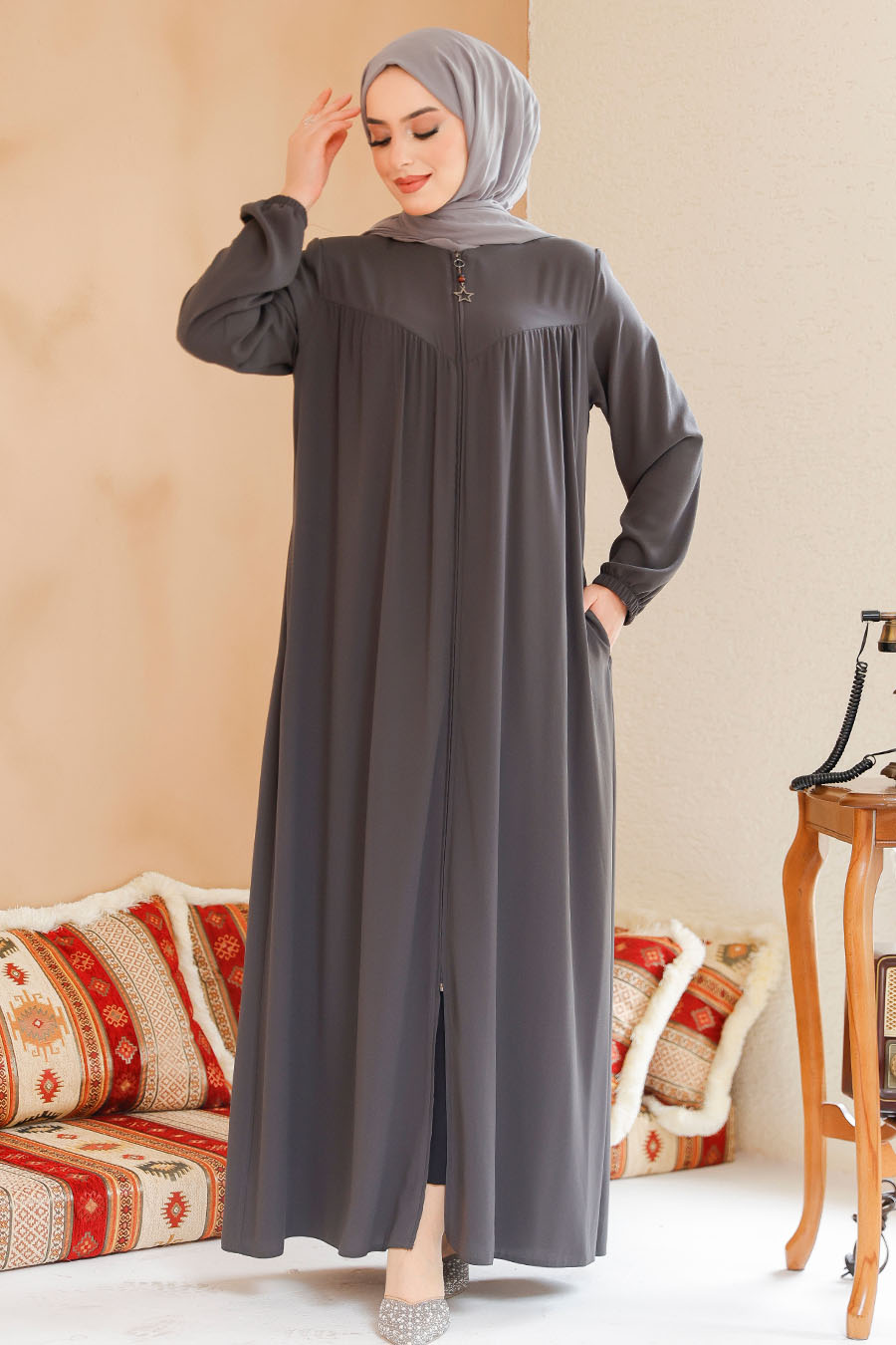 Modest Smoke Color Plus Size Abaya 45285FU - 4