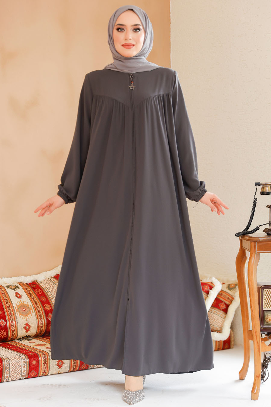 Modest Smoke Color Plus Size Abaya 45285FU - 2