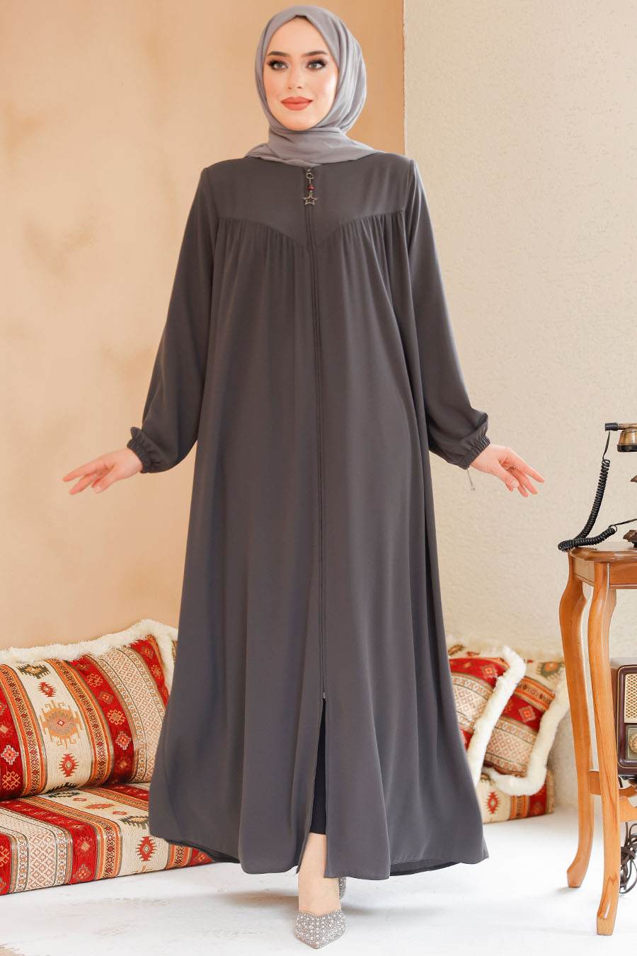 Modest Smoke Color Plus Size Abaya 45285FU - 5