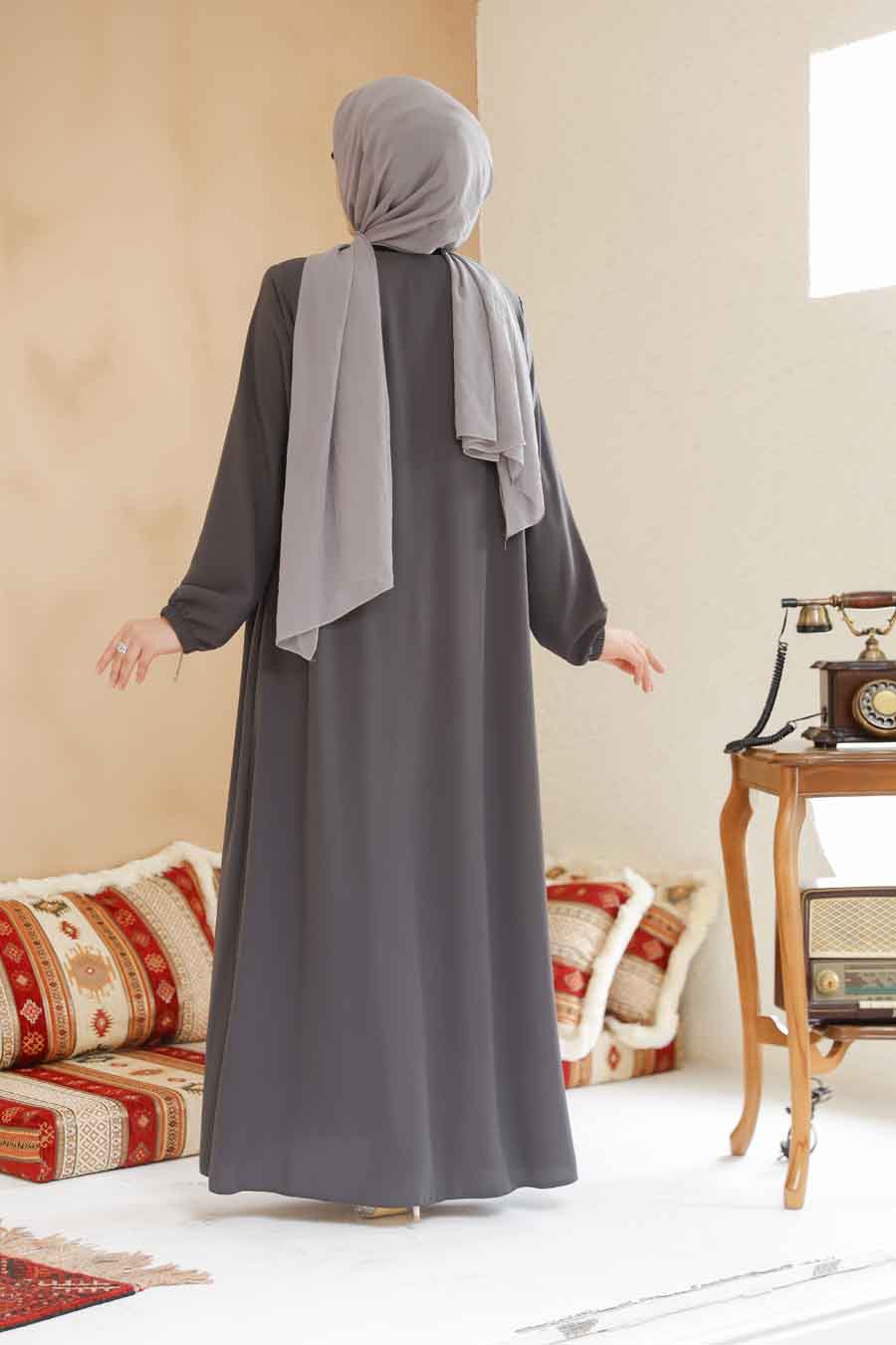 Modest Smoke Color Plus Size Abaya 45285FU - 6
