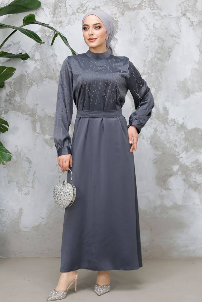 Modest Smoke Color Satin Plus Size Dress 65880FU - 1