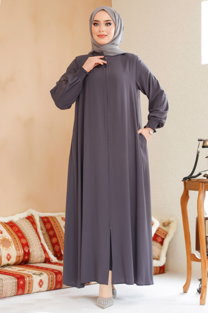 Modest Smoke Color Turkish Abaya 45287FU - 2