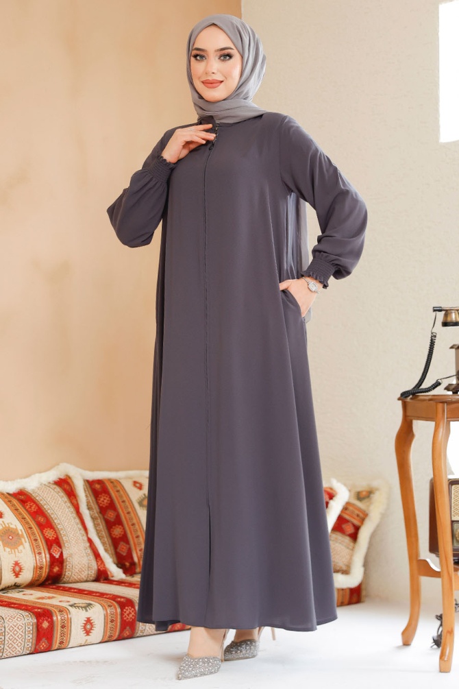 Modest Smoke Color Turkish Abaya 45287FU - 1