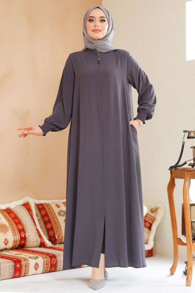 Modest Smoke Color Turkish Abaya 45287FU - 3