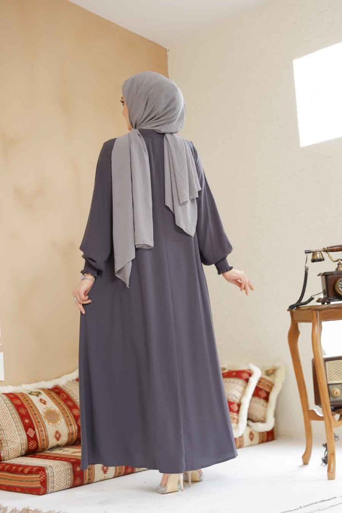 Modest Smoke Color Turkish Abaya 45287FU - 4