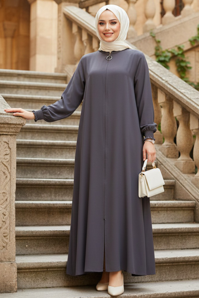 Modest Smoke Color Turkish Abaya 45287FU - 1