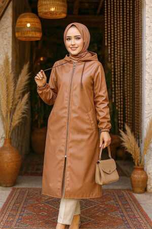 Modest Sunuff Colored Leather Coat 50951TB - 1