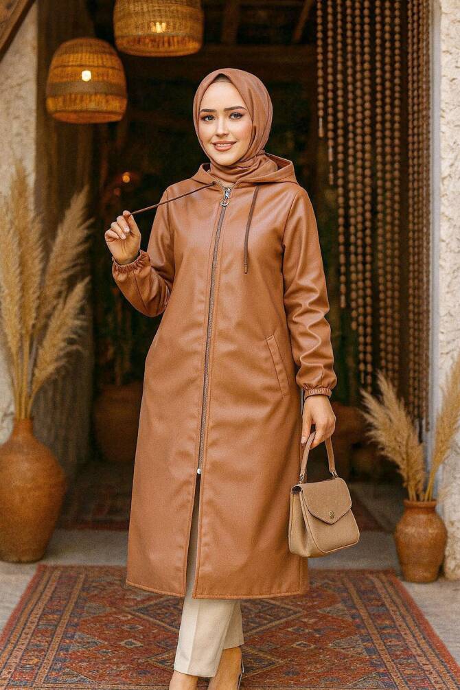 Modest Sunuff Colored Leather Coat 50951TB - NEVA STYLE