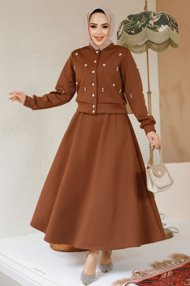 Modest Sunuff Colored Skirted Dual Suit 1277TB - 1