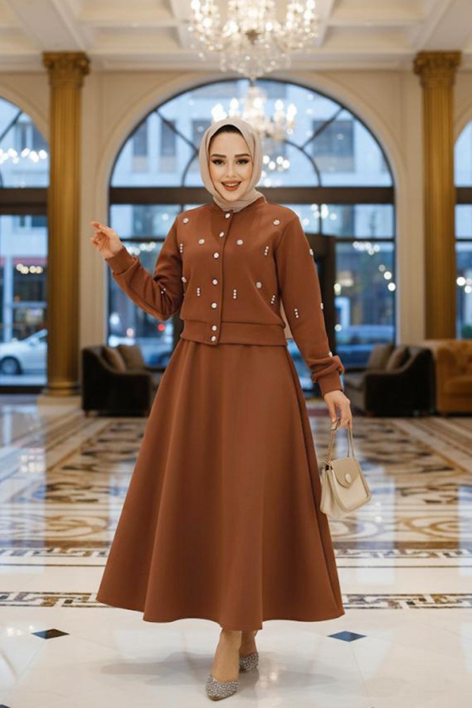 Modest Sunuff Colored Skirted Dual Suit 1277TB - 1
