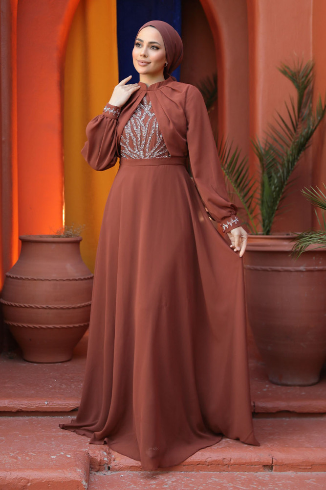 Modest Terra Cotta Evening Gown 25886KRMT - 2