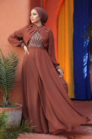 Modest Terra Cotta Evening Gown 25886KRMT - 3