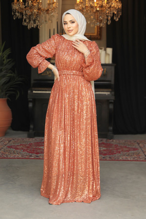 Modest Terra Cotta Evening Gown With Long Sleeve 44961KRMT - 1